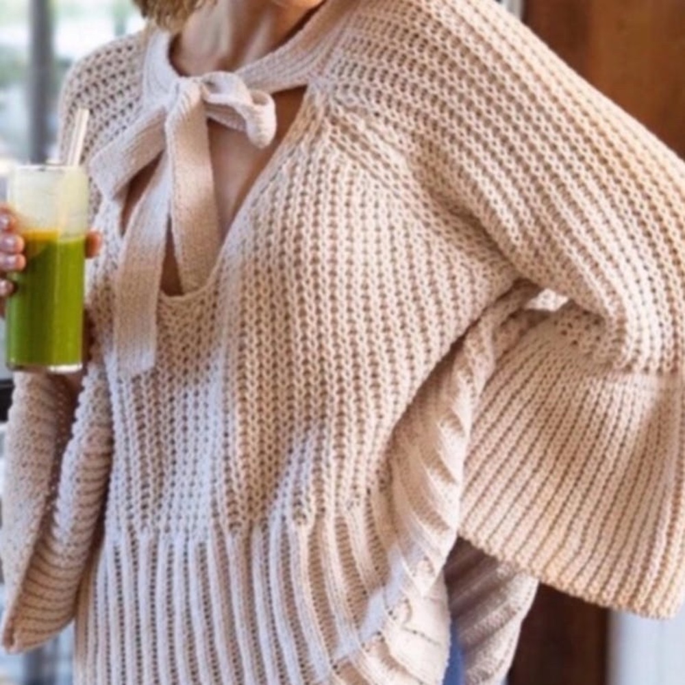 POL Chenille Bell Sleeve V Neck Tie Sweater NWOT